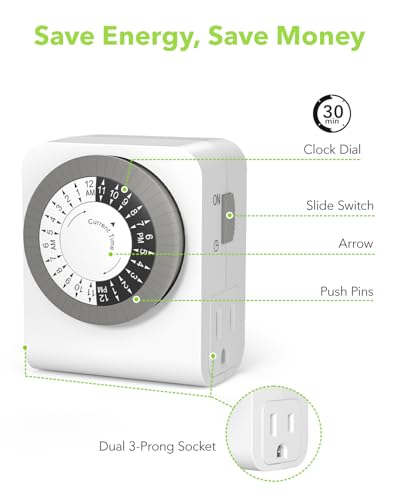 BN-LINK Timer Outlet with 2 Grounded Outlets, Mechanical Light Timers for Electrical Outlets Indoor, 24-Hour 3-Prong Timer Outlet for Lamp, Indoor Lighting and Christmas Lights, 15A/1875W, 2 Pack - style: 2 Pack-3Prong(Dual outlet)
