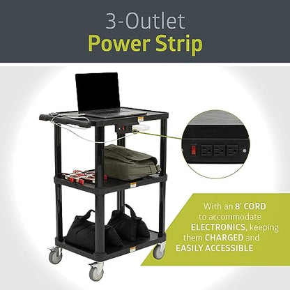 Pearington 3-Shelf Mobile Utility Cart with 3 Outlets and 8' Cord, Heavy-Duty Service Cart for Offices and Warehouses with 3 Shelves, Black, 2 Pack - size: 2 Pack