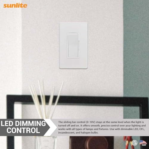 Sunlite LED Wall Rocker Style, Slide Bar Triac Dimmer Switch, Screwless Wall Plates Included, Single Pole or 3-Way Switching, 120 Volts, 200W Max for LED, 600W Max for Incandescent, White, 1 Pack - color: 1 Pack