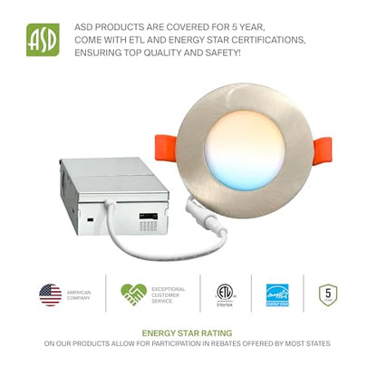 ASD 6 Pack 3 Inch LED Recessed Light 6W, 5 CCT 2700K-5000K CRI90+, IC Rated Ultra Thin Dimmable Ceiling Lights with J Box, Canless Wafer Downlight, Round Slim Panel Lighting, Energy Star ETL, Nickel - color: Nickel, size: 3 Inch 6 Pack