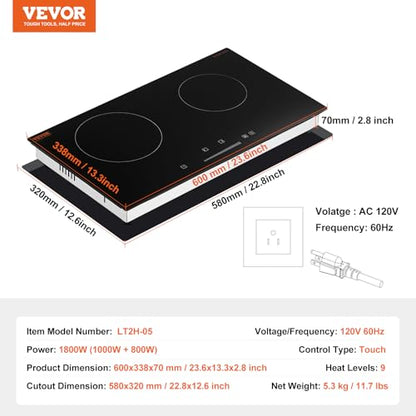 VEVOR Electric Radiant Cooktop, 24in 2 Burners Built-in Electric Stove Top, 1800W Ceramic Top Cooktop with Glass Panel, Touch Control, 9 Heat Level, Residual Heat Indicator,Timer, Child Lock, 120V - size: 24 IN-2 Burner+Touch Control
