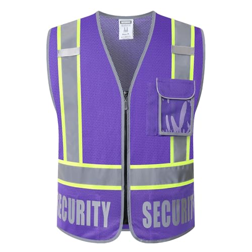 Security Vest for Men Women Reflective Safety Vest with 5 Pockets and Front Zipper Mesh High Visibility Vest Meets ANSI/ISEA 107-2015 Standards (Purple-22, Medium) - color: Purple, size: Medium