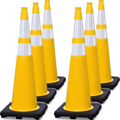 6 Pack 36" Large-Sized PVC Traffic Cones with Heavy-Duty Black Base, Garage Parking Lot Cones Structurally Stable Weatherproof Road Construction Safety Cones (6, Yellow, 36" Extra Large) - color: Yellow, size: 36" Extra Large