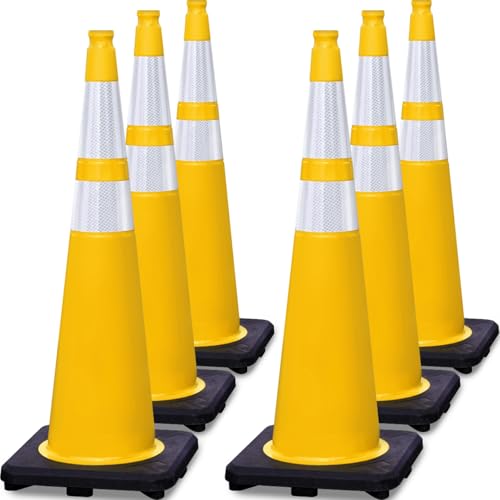 6 Pack 36" Large-Sized PVC Traffic Cones with Heavy-Duty Black Base, Garage Parking Lot Cones Structurally Stable Weatherproof Road Construction Safety Cones (6, Yellow, 36" Extra Large) - color: Yellow, size: 36" Extra Large