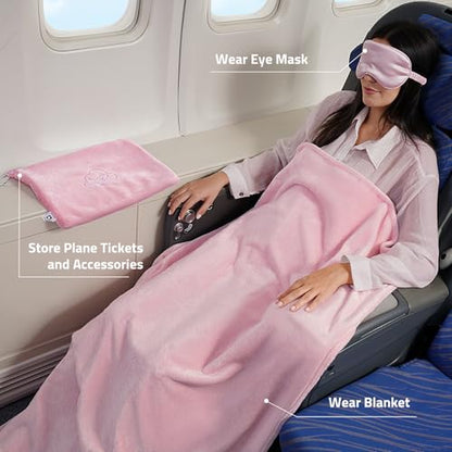 Travel Blanket Pillow,Airplane Blanket Compact with Bag Eye Mask, Ultra-Soft,Warm & Lightweight Included,Travel Essentials for Women & Men, Luggage Sleeve & Backpack Clip 65x40 in, Pink - color: Pink