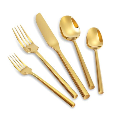 Gold Silverware Set with Hexagon Handle 20 Pieces Service for 4 - color: Gold, size: 20 Pcs