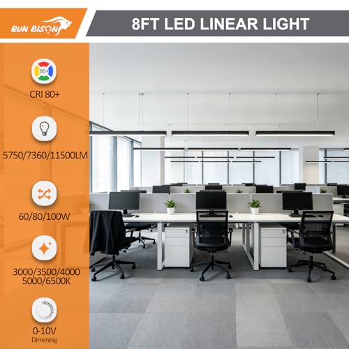 LED Linear Light 8FT, 60W/80W/100W, 3000K-6500K Selectable Hanging Office Shop Light, Up to 11500LM, Architectural Linear Lighting Fixture, Dimmable Suspended Lighting, Black - 4PK - color: Black, size: 8FT-4PK