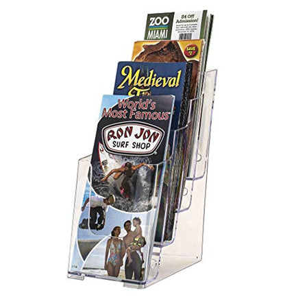 Marketing Holders 4”W Brochure Holder Displays Organizer Handout Take One Advertisements Tri-fold Brochures Acrylic Four Pocket Counter Top or Wall Mount Design Tiered Pamphlet Maps Menu