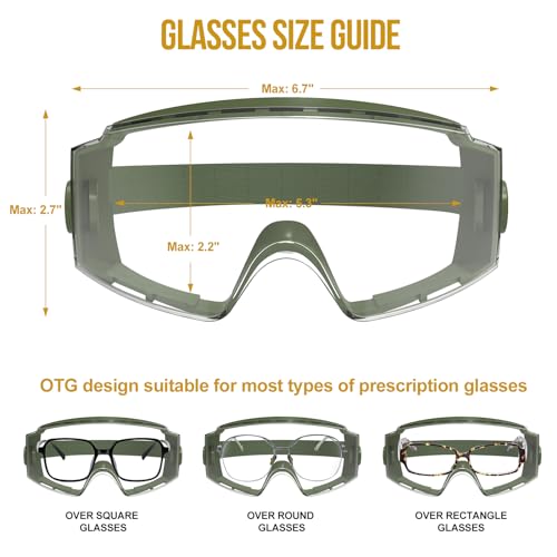 ONETIGRIS OTG Tactical Goggles Over Glasses, Anti-Fog, ANSI Z87.1, 3 Lenses - color: Green