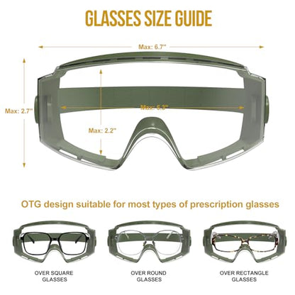 ONETIGRIS OTG Tactical Goggles Over Glasses, Anti-Fog, ANSI Z87.1, 3 Lenses - color: Green