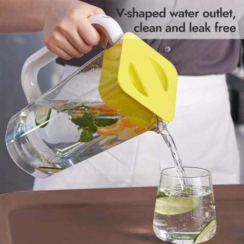 CURTA 1 Pack 2 Liters/68 oz Plastic Square Pitcher with Lid & Handle for Kitchen,ICED JUICE and Coffee Carafe Beverage Serveware, Acrylic Water Jug for Hot/Cold Drinks&lemonade - color: Yelloy