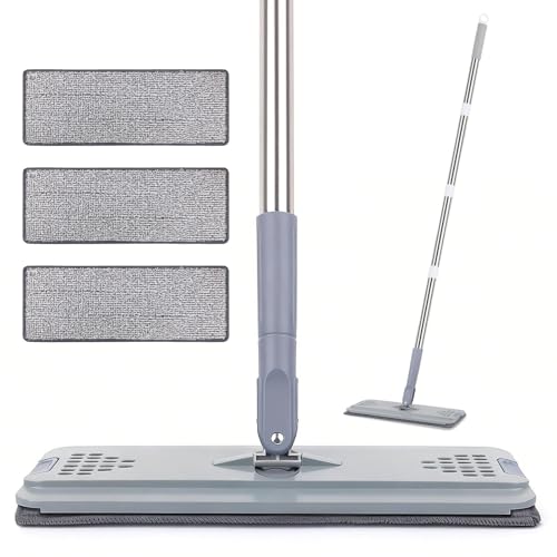 Flat Mop with 3 Pads, Microfiber Mops for Floor Cleaning Adjustable Handle 29-49, Dust Mop for Hardwood Floors, Wet Dry Use on Laminate Wood Tile Vinyl Wall Mopping Bathroom Kitchen Household Supplies - color: Gray