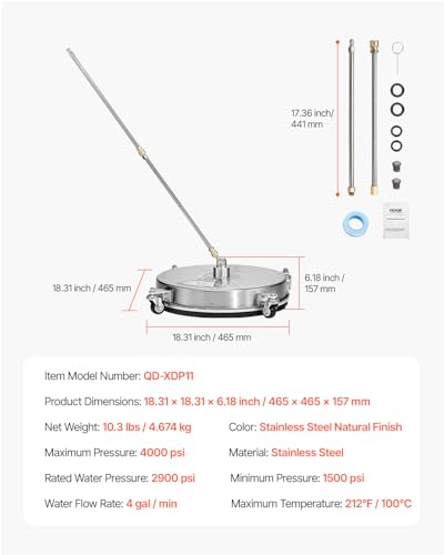 VEVOR 18 Inch Pressure Washer Surface Cleaner, 4000 PSI Stainless Steel Attachment with 4 Wheels, 2 Nozzles, 1/4 Inch Quick Connect and 2 Wands for Concrete, Patio, Deck - size: 18 Inch w/ Wand & Wheels