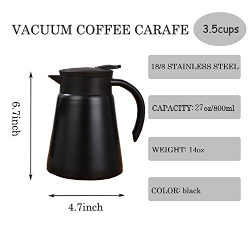 27oz Stainless Steel Thermal Coffee Carafe with Handle, Double Walled Vacuum Insulated Pot for Hot Water, Tea, Coffee, Heat Retention, 800ml (Black) - color: Black