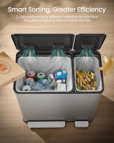 SONGMICS Trash Can, 13 + 6 Gallon Dual-Compartment, Soft-Close Lid - color: Silver, size: 13 + 6 Gallon