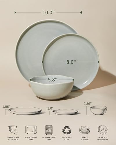 Pokini Stoneware Dinnerware Sets for 8, 24Pcs Ceramic Plates and Bowls Sets - color: Dusty Green, size: Set (24pcs)