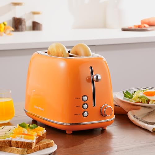 Roter Mond 2 Slice Toaster Retro Stainless Steel with Bagel, Cancel, and Defrost Functions, 6 Bread Shade Settings, Extra Wide Slots and Removable Crumb Tray, Orange - color: Orange