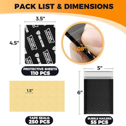 Ding Defend Card Shipping Protector Envelope Bubble Mailer Kit with 110 Card Shipping Protectors (3.5x4.5 Inches), 55 Bubbles Mailers, 250 Tape Seals for Collectible Cards - Black - color: Black - 3.5'' x 4.5''