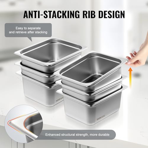 VEVOR 6 Pack Stainless Steel Hotel Pans - 1/2 Size 6-Inch Deep 0.8mm Thick Anti-Jam Commercial Food Pans for Steam Tables, Restaurants, Catering & Industrial Use - size: 1/2 Size, style: 6 Inch Deep Thickened