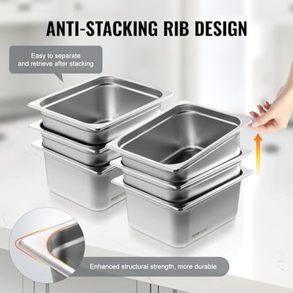 VEVOR 6 Pack Stainless Steel Hotel Pans - 1/2 Size 6-Inch Deep 0.8mm Thick Anti-Jam Commercial Food Pans for Steam Tables, Restaurants, Catering & Industrial Use - size: 1/2 Size, style: 6 Inch Deep Thickened