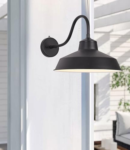 Dusk Till Dawn Gooseneck Wall Lights Black Outdoor Barn Wall Sconce Farmhouse Wall Mount Lights Black on The Outside, White on The Inside lampshade for Porch Entryway Garage 14in - size: 14 in