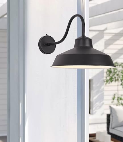 Dusk Till Dawn Gooseneck Wall Lights Black Outdoor Barn Wall Sconce Farmhouse Wall Mount Lights Black on The Outside, White on The Inside lampshade for Porch Entryway Garage 14in - size: 14 in