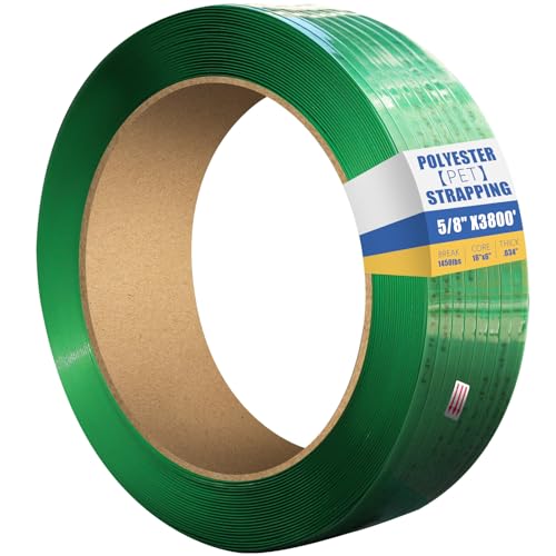 5/8" x.034 x3800ft Polyester (PET) Strapping Roll of 16"x6" Core Size 1450lbs Break Strength Green - size: 5/8"x3800'