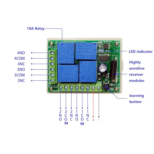 QIACHIP Universal 12V 4CH Wireless Relay Remote Module Switch RF 433Mhz with Remote Control Key Fob 2 Transmitters 1 Receiver for Light Garage Door Electric Gate,Momentary Toggle Latched(KR1204) - color: KR1204+2KT06（DC 12V 4-CH）