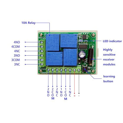 QIACHIP Universal 12V 4CH Wireless Relay Remote Module Switch RF 433Mhz with Remote Control Key Fob 2 Transmitters 1 Receiver for Light Garage Door Electric Gate,Momentary Toggle Latched(KR1204) - color: KR1204+2KT06（DC 12V 4-CH）