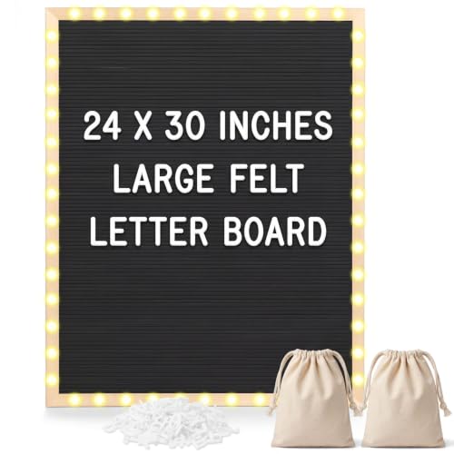 24 x 30 Inches Felt Letter Board & LED Light, Black, Natural Wood - color: Black, size: 24 x 30 Inches, style: Natural Wood