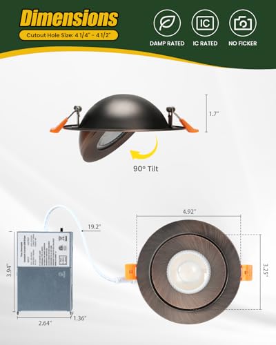 ZYC Gimbal LED Recessed Lighting - 4 Inch 5CCT 9W 360° Rotation Adjustable Eyeball Light,LED Swivel Spotlight,Directional Sloped Ceiling Light,Dimmable Canless Wafer Downlight Pack of 6 Bronze. - color: Bronze, size: 4 INCH || 6 PACK