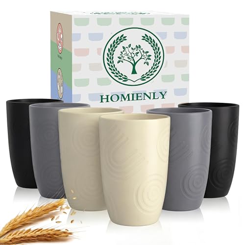 Homienly Wheat Straw Cups Drinking Glasses Set of 6, Unbreakable Plastic Cups Reusable Cups for Kitchen Camping Picnic Dorm Microwave and Dishwasher Safe Water Glasses Drinking Set 12 OZ - GreyStone - color: GreyStone, size: 12 Ounces