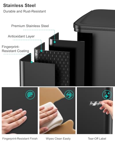 Dual Trash and Recycling Bins for Kitchen, 19+8 Gallon (72+30L) Stainless Steel Trash and Recycle Bin Combo with Soft-Close Lid, Large Garbage Cans for Kitchen Home with 2 Magnets Sticker, Black - color: Black