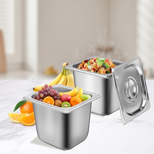 6 Pack 1/6 Size Stainless Steel Hotel Pans With Lids, 6 Inch Deep