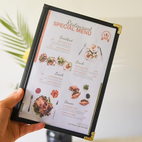 Menu Covers 5.5"x8.5" 25 Pack - Black 2-Page 4-View Side-Loading Metal Corners for Restaurants - color: 25 Pack Black, size: 2 Pages /4 Views-5.5"x8.5"