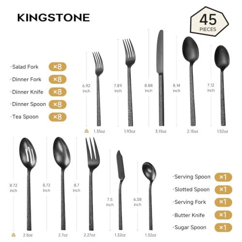 45 Pcs Black Hammered Silverware Set with Serving Utensils for 8 - color: Black, size: 45-Piece
