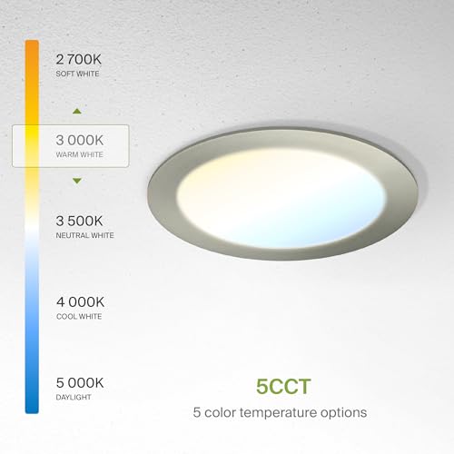 ASD 6 Pack LED Recessed Lighting 6 Inch 12W, 5 CCT 2700K-5000K CRI90+, IC Rated Ultra Thin Dimmable Ceiling Lights with J Box, Canless Wafer Downlight, Round Slim Panel Light, Energy Star ETL, Nickel - color: Nickel, size: 6 Inch 6 Pack