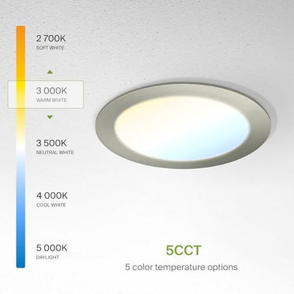 ASD 6 Pack LED Recessed Lighting 6 Inch 12W, 5 CCT 2700K-5000K CRI90+, IC Rated Ultra Thin Dimmable Ceiling Lights with J Box, Canless Wafer Downlight, Round Slim Panel Light, Energy Star ETL, Nickel - color: Nickel, size: 6 Inch 6 Pack