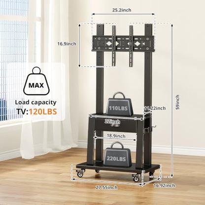 Mobile TV Stand with Storage Drawer for 23-75 Inch TVs up to 120lbs, Heavy Duty Rolling TV Cart with 2-Tier Shelves, Adjustable Height Outdoor TV Stand on Wheels, Max VESA 600x400mm, Black - color: Black