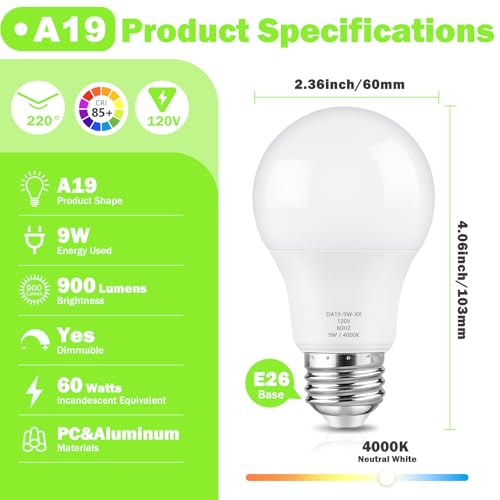 Maylaywood A19 LED Light Bulb 60W Equivalent, Dimmable 4000K Neutral White - color: Neutral White