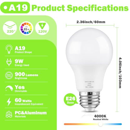 Maylaywood A19 LED Light Bulb 60W Equivalent, Dimmable 4000K Neutral White - color: Neutral White