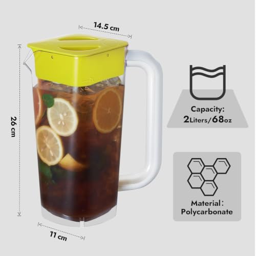 CURTA 1 Pack 2 Liters/68 oz Plastic Square Pitcher with Lid & Handle for Kitchen,ICED JUICE and Coffee Carafe Beverage Serveware, Acrylic Water Jug for Hot/Cold Drinks&lemonade - color: Yelloy