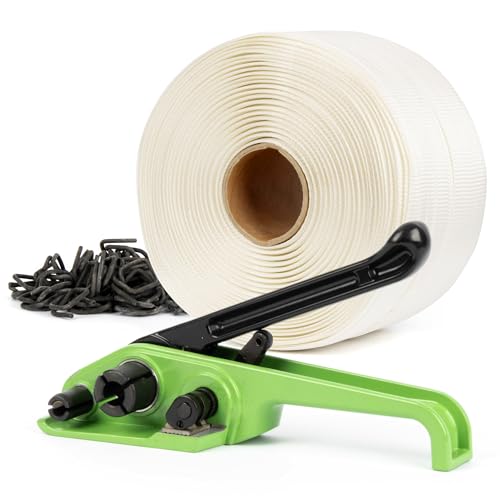 U.S. Solid Manual Banding Strapping Kit, 3/4" x 985' Woven Cord Strapping with Heavy Duty Tensioner & 200pcs Phosphated Metal Buckles, All-in-One Pallet Packaging Tool for Crating, Lumber & Cargo - color: white