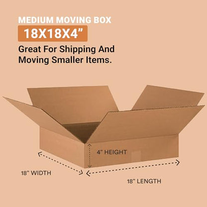 BOX USA 18184 Flat Corrugated Cardboard Box 18" L x 18" W x 4" H, Kraft, For Shipping, Packing and Moving (Pack of 25)