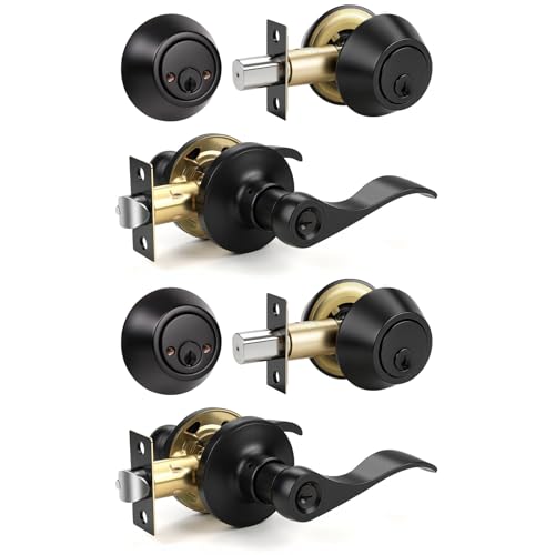 Knobonly 2 Set Entry Door Lever and Deadbolt Lock Set, Deadbolts Keyed Both Sides, All Keyed Same, Wave Style Front and Exterior Door Handleset with Double Cylinder, Matte Black Finish - color: Matte Black, size: 2 Pack, style: Double Cylinder