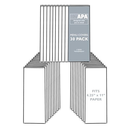 Ilyapa 30 Pack of Menu Covers 4.25 x 11 - Single Page, 2 View, Restaurant Menu Covers, 4.25x11 Clear Plastic Sleeves, Transparent Viewing Surfaces - color: Black, size: 4.25 x 11