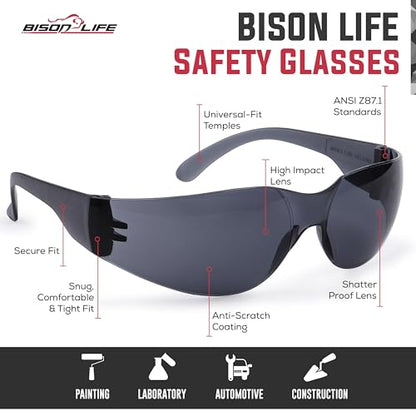 BISON LIFE Black Safety Glasses for Men & Women, Bulk, ANSI Z87.1, 12 Pack - color: Black/Black