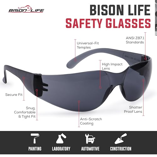 BISON LIFE Black Safety Glasses for Men & Women, Bulk, ANSI Z87.1, 12 Pack - color: Black/Black