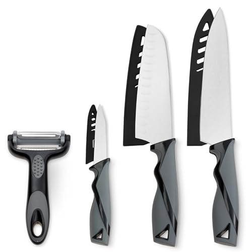 DFACKTO 7-Piece Kitchen Knife Set with Vegetable Peeler without Block – Stainless Steel Knives for Kitchen, Dishwasher Safe Cooking Knife Set with Covers, Sharp Cutting Knives for Cooking – Black Gray - color: Gray