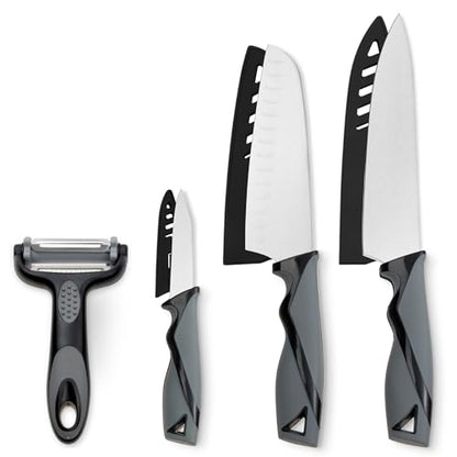 DFACKTO 7-Piece Kitchen Knife Set with Vegetable Peeler without Block – Stainless Steel Knives for Kitchen, Dishwasher Safe Cooking Knife Set with Covers, Sharp Cutting Knives for Cooking – Black Gray - color: Gray